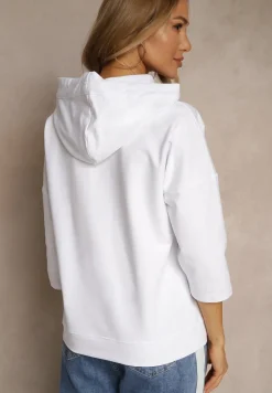 Biała Bluza z Kapturem Ozdobnym Nadrukiem i Rękawami 3/4 Saniressa