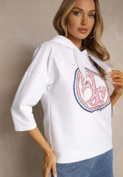 Biała Bluza z Kapturem Ozdobnym Nadrukiem i Rękawami 3/4 Saniressa