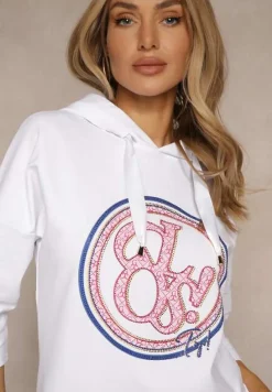 Biała Bluza z Kapturem Ozdobnym Nadrukiem i Rękawami 3/4 Saniressa