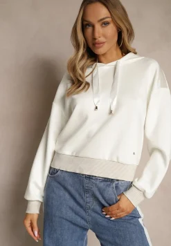 Biała Bluza z Kapturem Ozdobiona Ściągaczami i Metaliczną Nitką Ulisiela