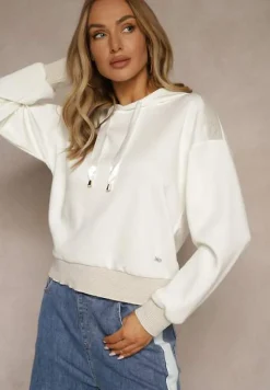 Biała Bluza z Kapturem Ozdobiona Ściągaczami i Metaliczną Nitką Ulisiela