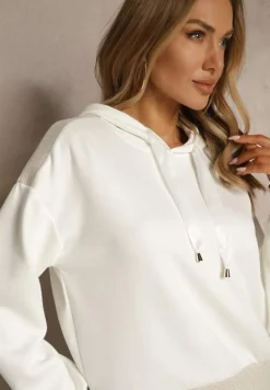 Biała Bluza z Kapturem Ozdobiona Ściągaczami i Metaliczną Nitką Ulisiela
