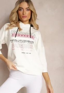 Biała Bluza z Kapturem Rękawy 7/8 Ozdobiona Napisami i Cyrkoniami Brigia