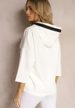 Biała Bluza z Kapturem Rękawy 7/8 Ozdobiona Napisami i Cyrkoniami Brigia