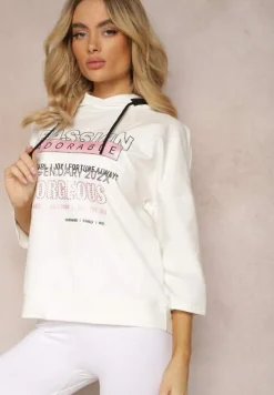 Biała Bluza z Kapturem Rękawy 7/8 Ozdobiona Napisami i Cyrkoniami Brigia