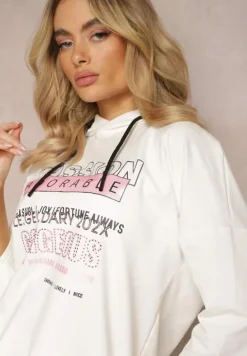 Biała Bluza z Kapturem Rękawy 7/8 Ozdobiona Napisami i Cyrkoniami Brigia