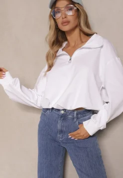 Biała Bluza ze Ściągaczem ze Stoperem i Stójką z Suwakiem Alanavira