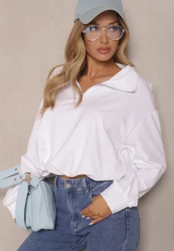 Biała Bluza ze Ściągaczem ze Stoperem i Stójką z Suwakiem Alanavira