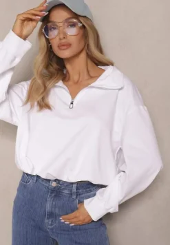 Biała Bluza ze Ściągaczem ze Stoperem i Stójką z Suwakiem Alanavira