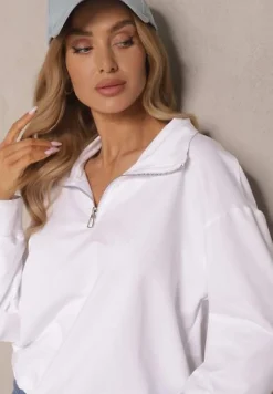 Biała Bluza ze Ściągaczem ze Stoperem i Stójką z Suwakiem Alanavira