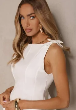 Biała Bluzka Bez Rękawów z Ozdobnymi Kokardkami na Ramionach i Baskinką Linirea