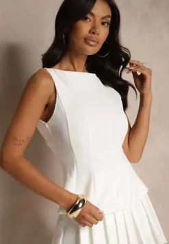 Biała Bluzka Bez Rękawów z Wiskozą Zdobiona Baskinką Linoreina