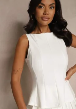 Biała Bluzka Bez Rękawów z Wiskozą Zdobiona Baskinką Linoreina