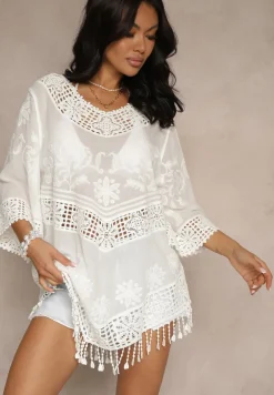 Biała Bluzka Boho z Bawełny o Kroju Oversize Zdobiona Haftem i Koronką Mailenai