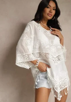 Biała Bluzka Boho z Bawełny o Kroju Oversize Zdobiona Haftem i Koronką Mailenai