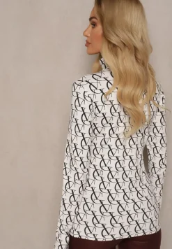 Biała Bluzka Golf z Bawełny w Literowy Wzór Noralira