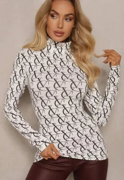 Biała Bluzka Golf z Bawełny w Literowy Wzór Noralira