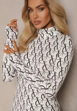 Biała Bluzka Golf z Bawełny w Literowy Wzór Noralira