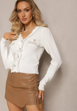 Biała Bluzka Kardigan z Fakturowanej Dzianiny z Falbankami i Guzikami Balioppa