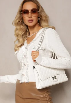 Biała Bluzka Kardigan z Fakturowanej Dzianiny z Falbankami i Guzikami Balioppa