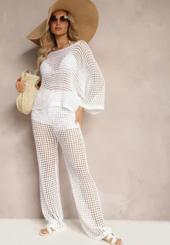 Biała Bluzka Narzutka o Ażurowym Wykończeniu z Rękawami Długości 3/4 Naloevi