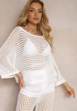 Biała Bluzka Narzutka o Ażurowym Wykończeniu z Rękawami Długości 3/4 Naloevi