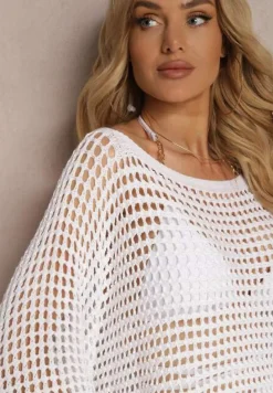 Biała Bluzka Narzutka o Ażurowym Wykończeniu z Rękawami Długości 3/4 Naloevi