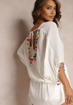 Biała Bluzka Narzutka Oversize z Pomponami i Ściągaczem Shaklia