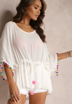 Biała Bluzka Narzutka Oversize z Pomponami i Ściągaczem Shaklia