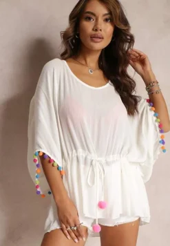 Biała Bluzka Narzutka Oversize z Pomponami i Ściągaczem Shaklia