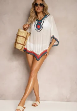 Biała Bluzka Narzutka w Stylu Boho z Rękawem 3/4 Dimiara