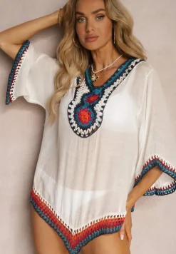 Biała Bluzka Narzutka w Stylu Boho z Rękawem 3/4 Dimiara