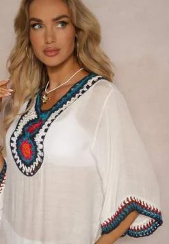 Biała Bluzka Narzutka w Stylu Boho z Rękawem 3/4 Dimiara