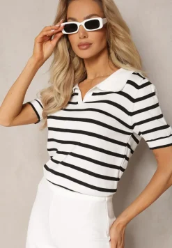 Biała Bluzka Polo z Wiskozy w Paski Ozdobiona Kołnierzykiem Aromise