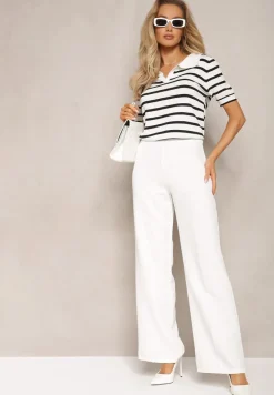 Biała Bluzka Polo z Wiskozy w Paski Ozdobiona Kołnierzykiem Aromise