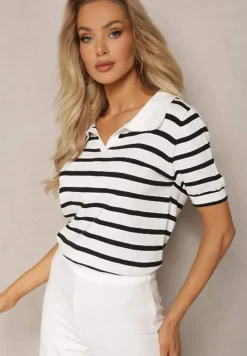 Biała Bluzka Polo z Wiskozy w Paski Ozdobiona Kołnierzykiem Aromise