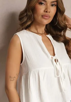 Biała Bluzka Top z Bawełny Wiązana z Przodu z Falbanką Comila