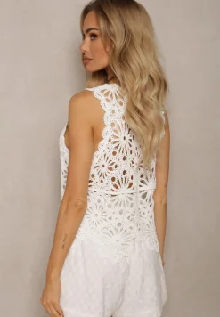 Biała Bluzka Top z Bawełny z Ozdobną Ażurową Koronką Repavia