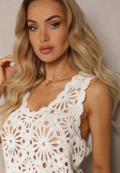 Biała Bluzka Top z Bawełny z Ozdobną Ażurową Koronką Repavia