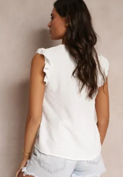 Biała Bluzka Top z Ozdobnym Dekoltem i Falbankami przy Ramionach Briara