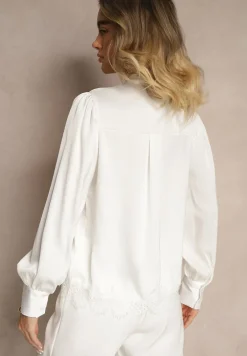 Biała Bluzka Wiązana Przy Dekolcie z Ażurową Koronką na Dole Haliritia