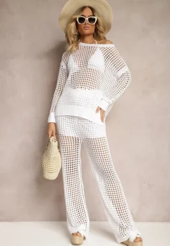 Biała Bluzka z Ażurowej Dzianiny z Obniżoną Linią Ramion Limira