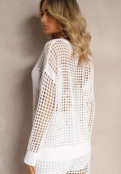 Biała Bluzka z Ażurowej Dzianiny z Obniżoną Linią Ramion Limira