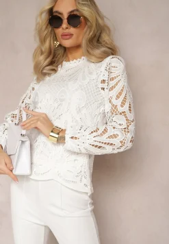 Biała Bluzka z Ażurowej Tkaniny ze Stójką Beerne