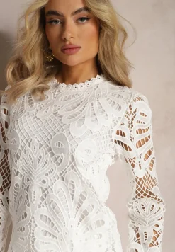 Biała Bluzka z Ażurowej Tkaniny ze Stójką Beerne