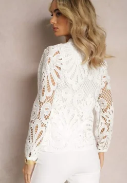 Biała Bluzka z Ażurowej Tkaniny ze Stójką Beerne