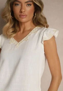 Biała Bluzka z Bawełny Ozdobiona Haftem Savoreia