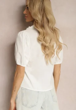 Biała Bluzka z Bawełny Ozdobiona Wiązaniem przy Dekolcie i Kołnierzykiem Tloeri