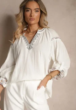 Biała Bluzka z Bawełny Ozdobiona Haftem Isdexira