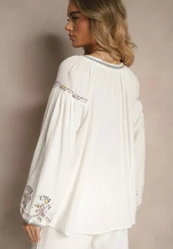 Biała Bluzka z Bawełny Ozdobiona Haftem Isdexira